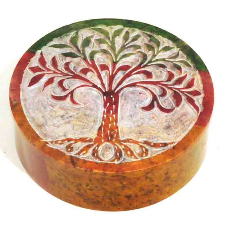 Hand Carved Tree of Life Soapstone Box – 4" Round for wholesale by R. Expo/Song of India