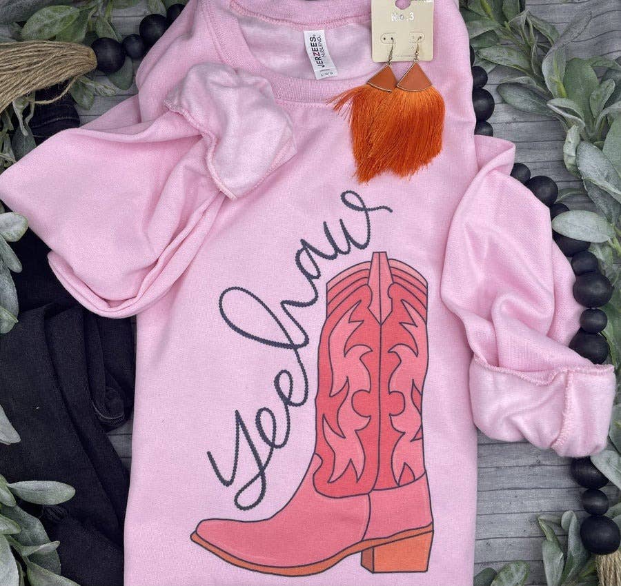 Jerzee Pink Sweatshirt Yeehaw Boot (Sweatshirt) for wholesale on Faire