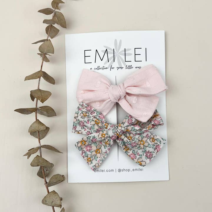 Emi Lei - Wholesale Hair Bow - Kids - Alligator Clip Bow Set - Pastel Floral/Soft Pink