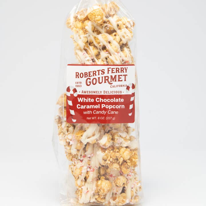 Candy Cane White Chocolate Caramel Popcorn for wholesale by Roberts Ferry Gourmet
