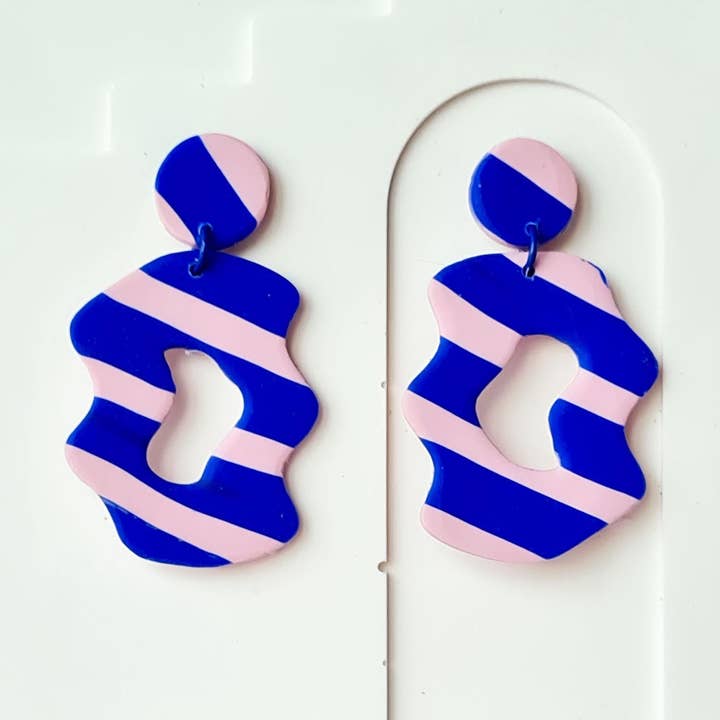 Polymer Clay Earrings | Blue Pink Stripes | Handmade for wholesale by Mono