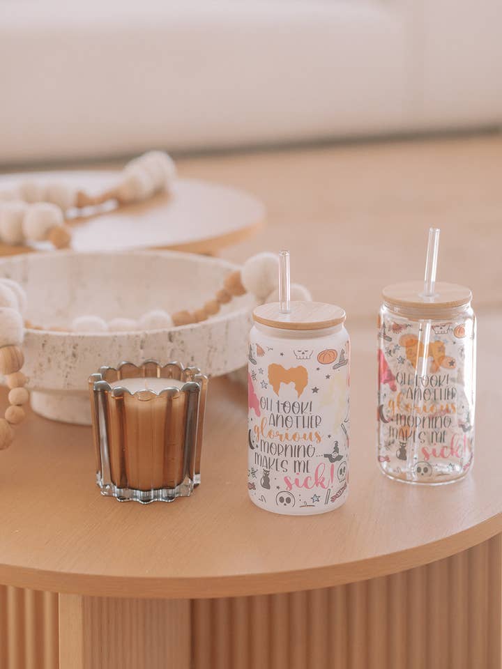 GLORIOUS MORNING GLASS TUMBLER W/ BAMBOO LID & GLASS STRAW for wholesale by KNOTS + NOOK