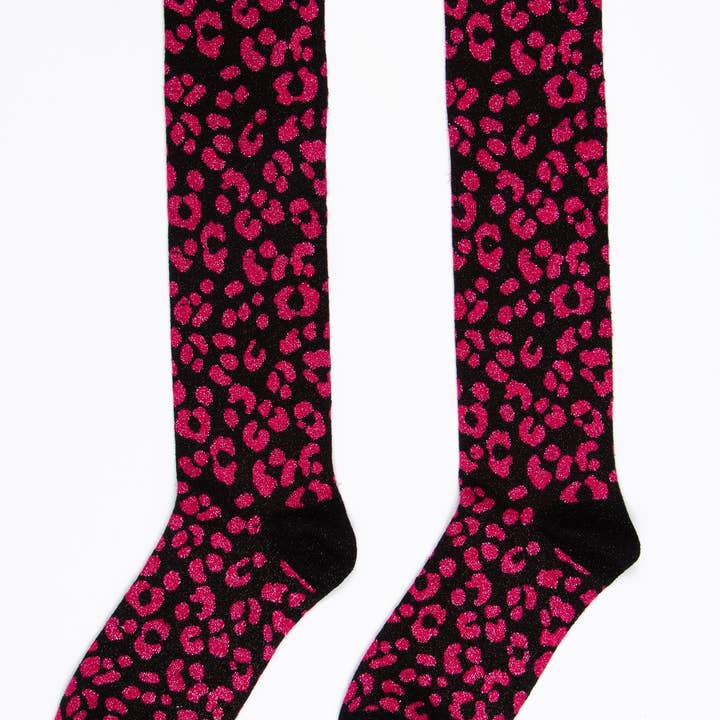 Women's Knee High Glitter Socks - Hot Pink, Leopard for wholesale by Sock Talk