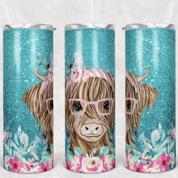 Gobelet mignon à paillettes bleu sarcelle avec vache Highland pour la vente par Antisocial Designs