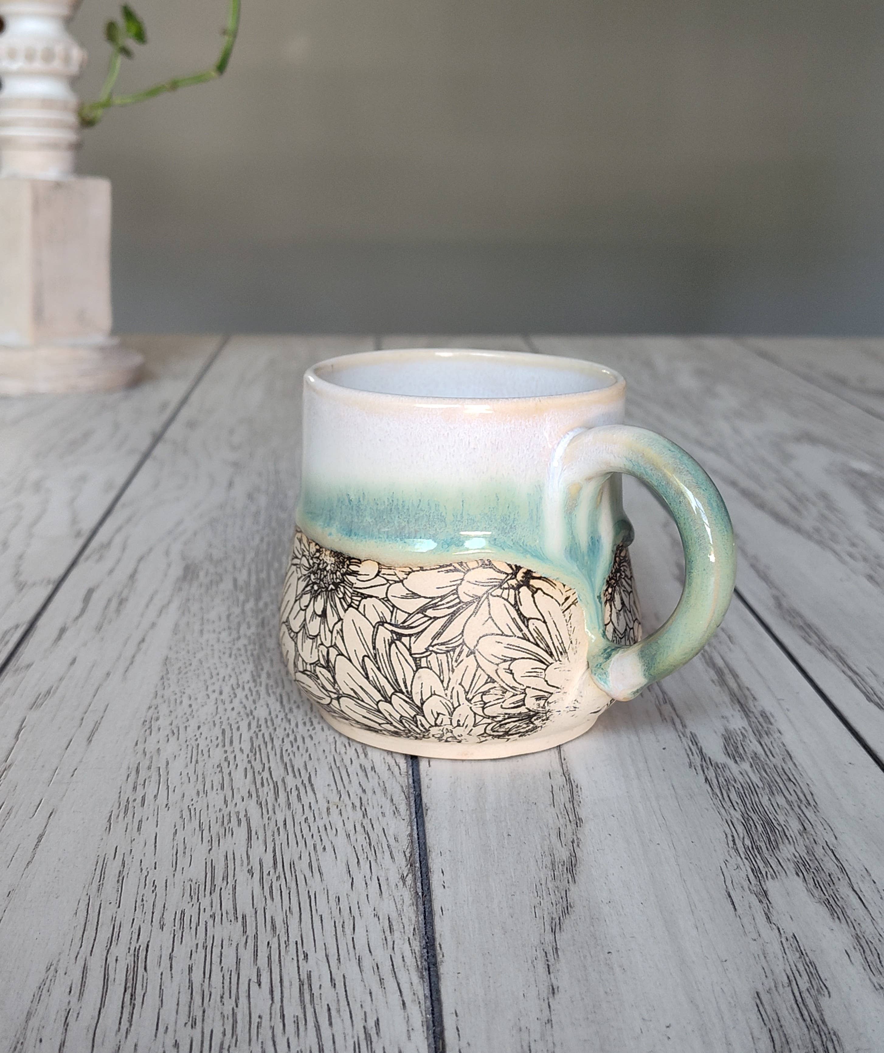 Rise and Design Art Studio - Wholesale Coffee Mug - Flower Textured Green Mug – Handmade Ceramic (12-16 oz)2