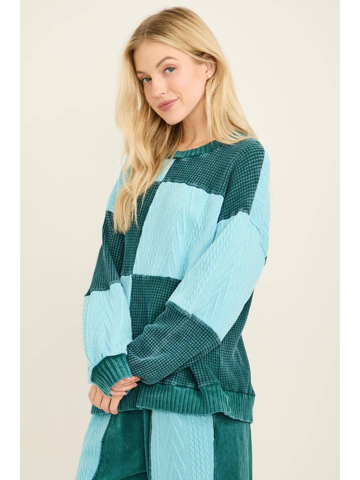J.Her - Wholesale Knit Sweater - Women's - Mineral Washed Fall Winter Boho block Sweather Top HT67919