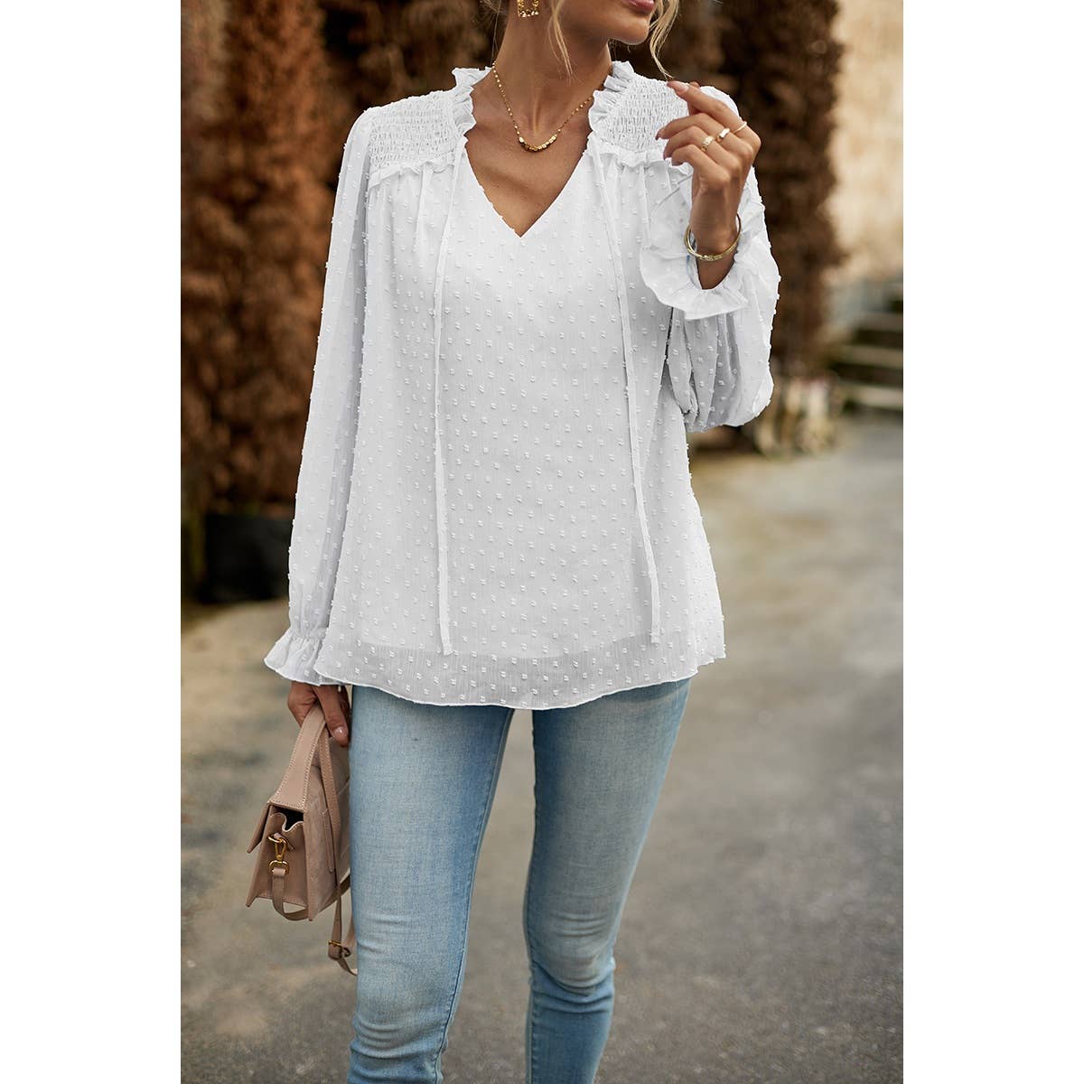 Elings - Wholesale Blouse - Women's - Swiss Dot Ruched Shoulder Hem Ruffle Blouse4