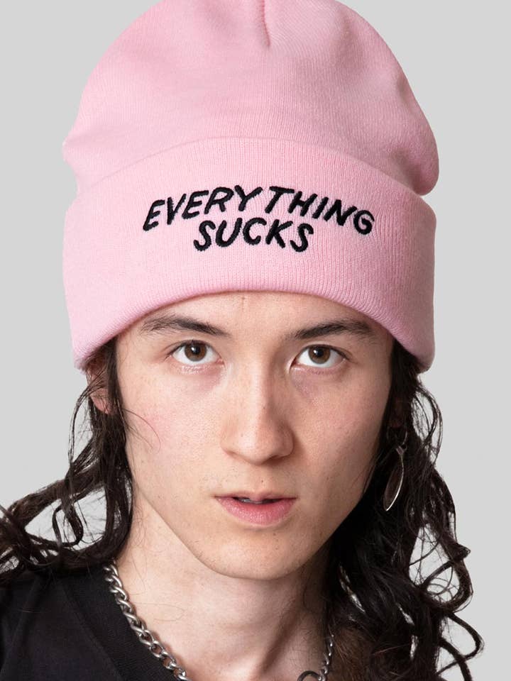 Everything Sucks Beanie (Pink) for wholesale by Long Clothing