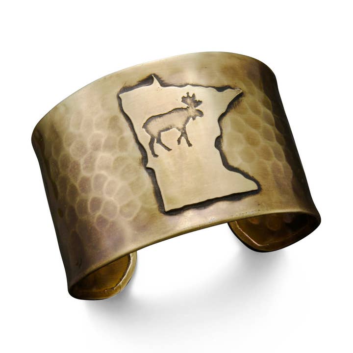 Antique Brass Adjustable Cuff Bracelet - Minnesota w/ Moose for wholesale by Anju Jewelry