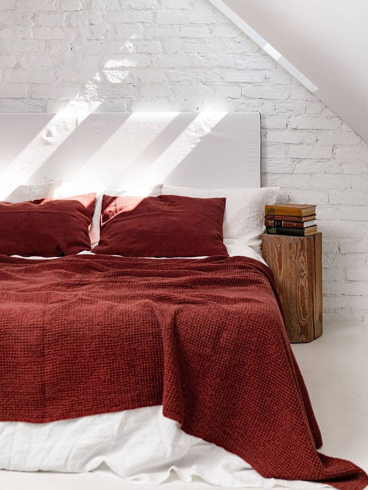 Linen waffle blanket in Terracota for wholesale by AmourLinen