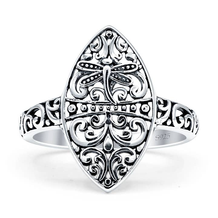 Dragonfly Ring Oxidized Marquise Filigree for wholesale by Blue Apple Imports