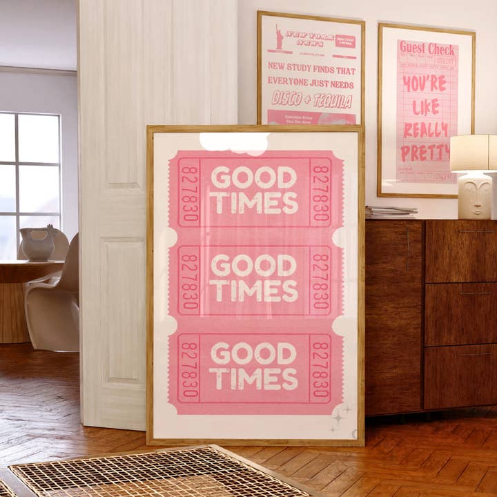 Pink Good Times Ticket Wall Art Prints for wholesale by CLM Creative Studio