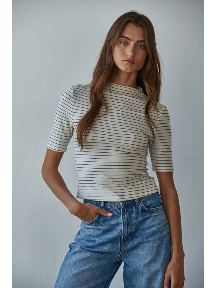 Cream Black RJ3490 | Knit Mock Neck Short Sleeve Top for wholesale on Faire