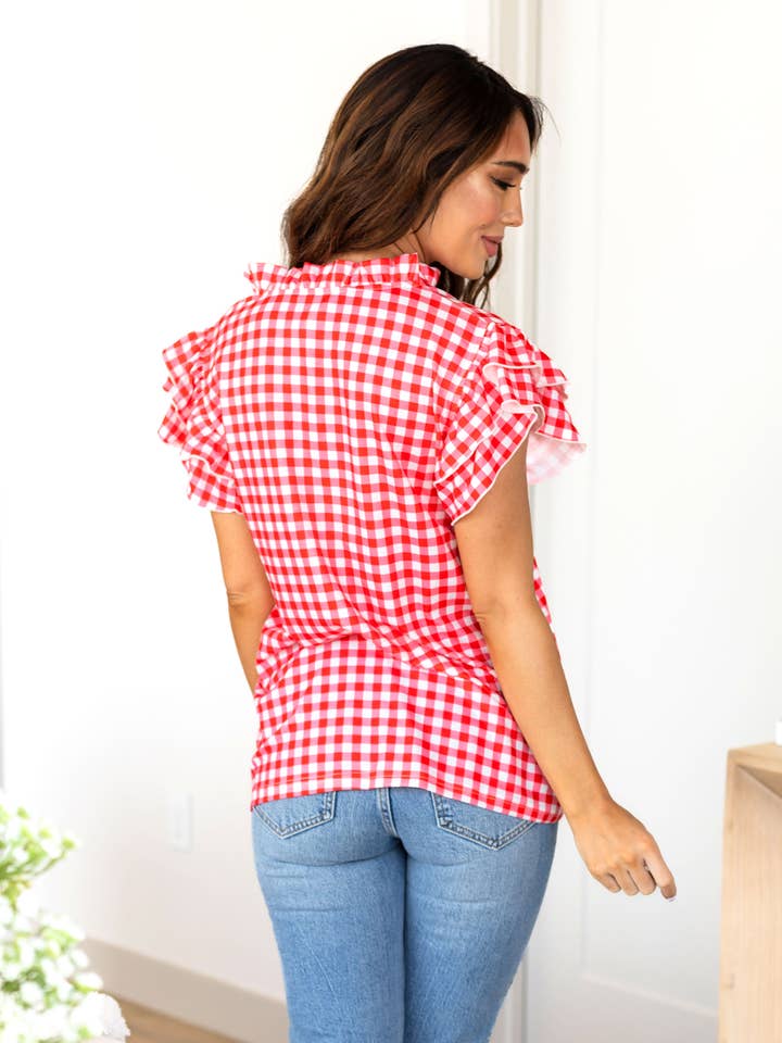 Tickled Teal – wholesale Blus - Dam – Gingham T-shirt med volangärm