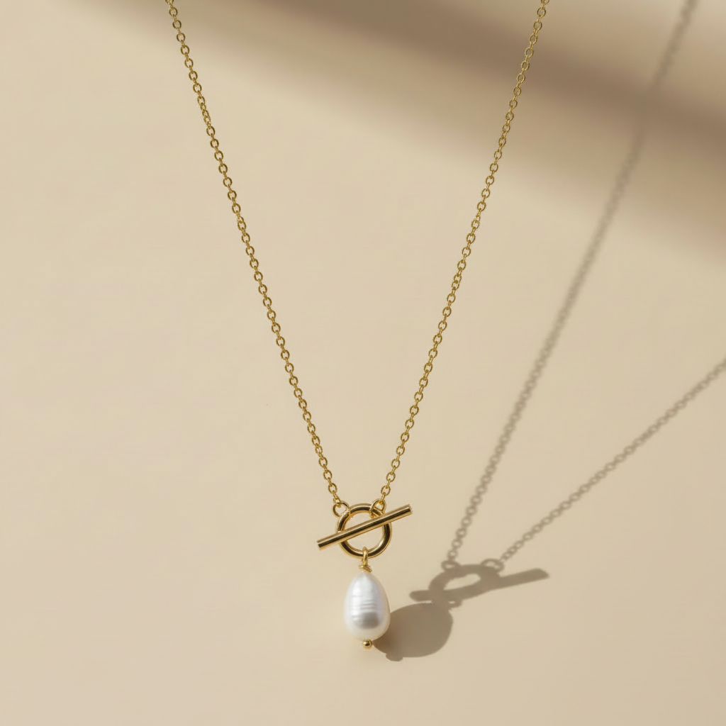 Gold Lunar - Wholesale Pendant/Charm Necklace - T Bar & Pearl Drop Necklace 18k Gold Plated Modern Jewellery4