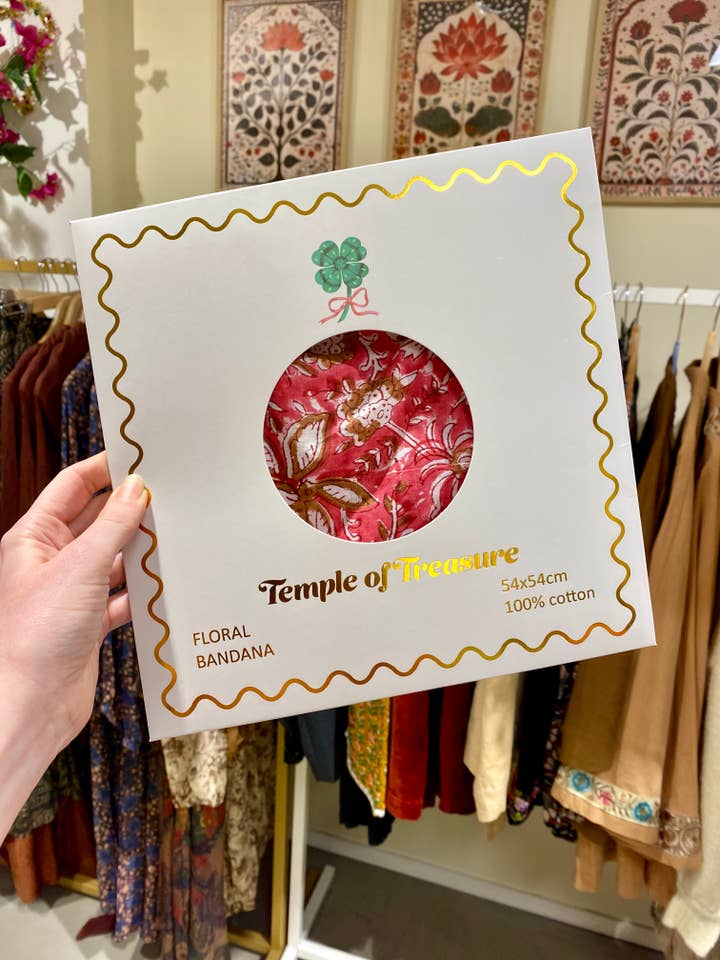 Indian Cotton Bandana in Pink Blockprint gift box (Copy) for wholesale by Temple of Treasure