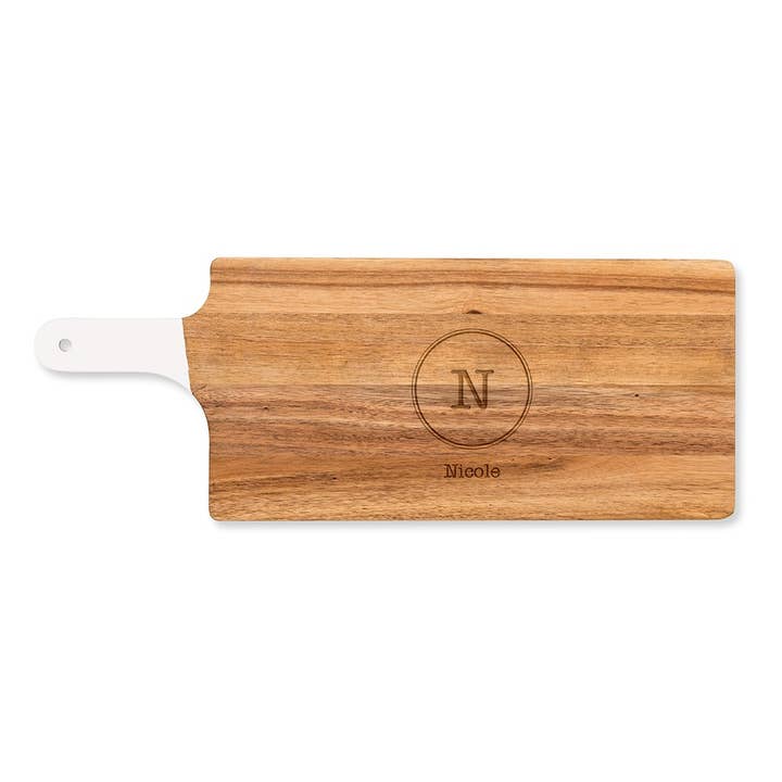 Cutting & Serving Board With White Handle - Circle Monogram for wholesale by Weddingstar Inc.