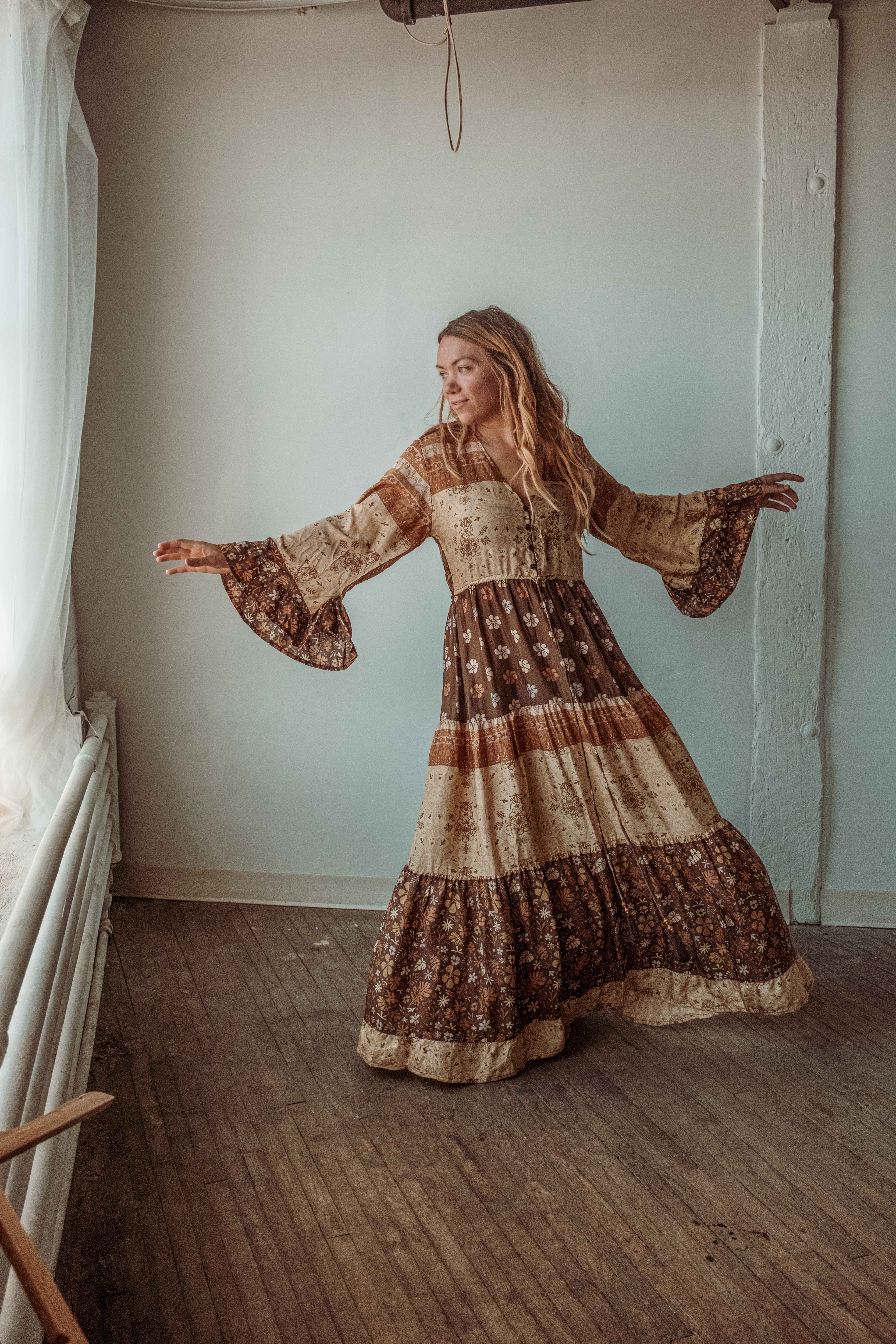 Gardenbelle Shop – wholesale Dress – Women's – Boho Hippie Maxi Dress, Earthy Solstice Bell Sleeve Dress16