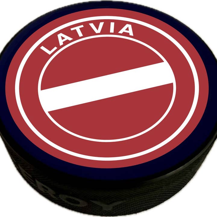 IIHF World Juniors Latvia Two-sided Hockey Puck for wholesale by Lowsportgeaar