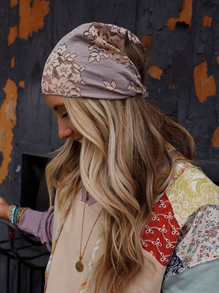 Sarah Floral Lace Headscarf - Gray for wholesale by Three Bird Nest