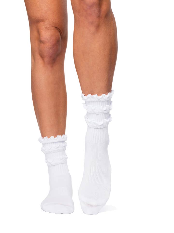 White Triple Ruffle Crew Grip Sock for wholesale on Faire