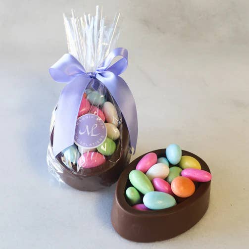 8oz Milk Chocolate Egg Box Filled with Jordan Almonds for wholesale by Maggie Lyon Chocolatiers