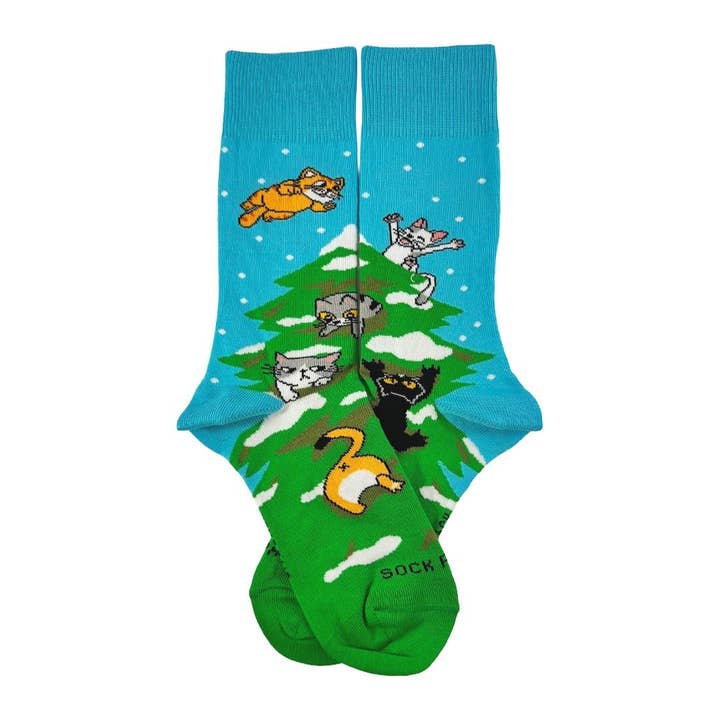 Cats in the Christmas Tree Socks from the Sock Panda (Adult Small) for wholesale by Sock Panda