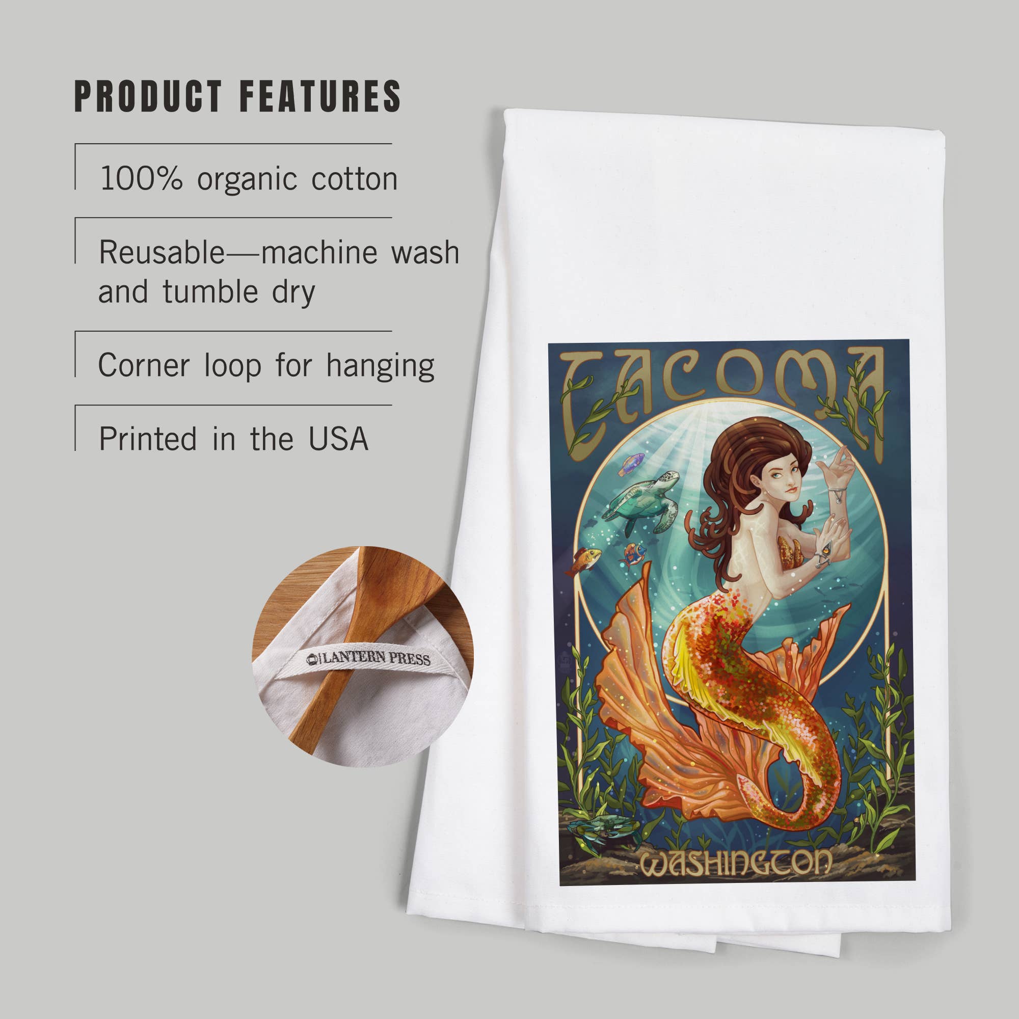 Lantern Press - Vendita all'ingrosso Strofinacci - ASCIUGAMANO DA TÈ BIOLOGICO Tacoma, Washington, Mermaid2