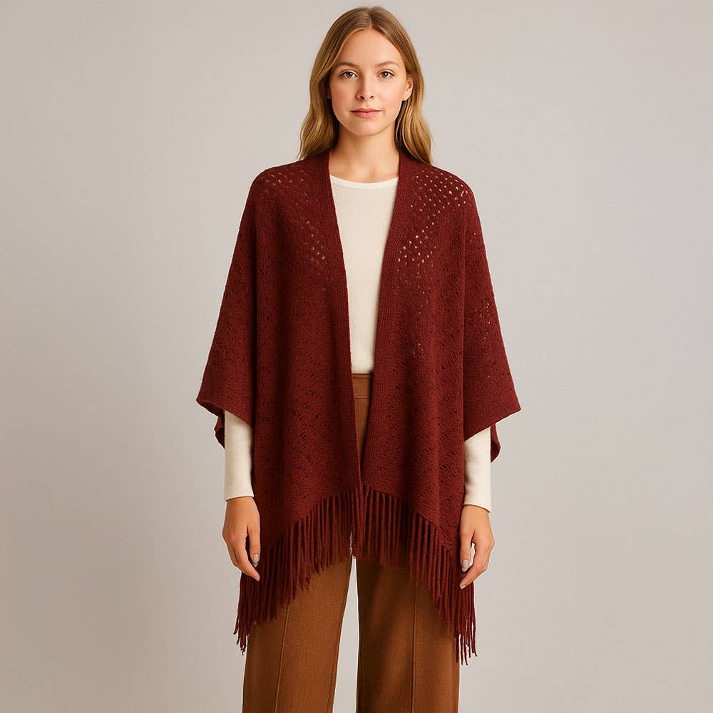 Sensibling Corp. - Wholesale Poncho - Women's - Fringe Open Knit Crochet Draped Shawl Wrap Ruana Poncho2