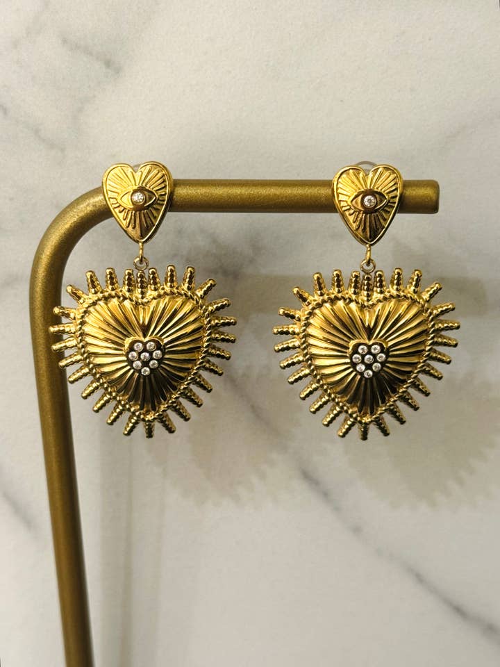 Double Heart Dangle Earrings w Eye Detail for wholesale by Cassette Barcelona