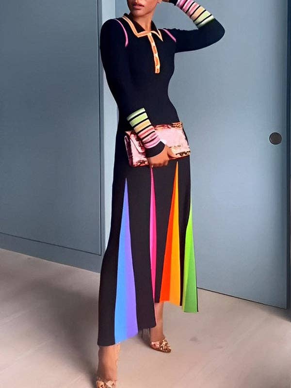 BLACK  Printed Long Sleeves Skinny Lapel Maxi Dresses for wholesale on Faire1