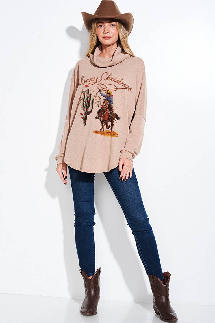 Phil Love - Wholesale Tunic - Women's - T916G9397 - Cowboy Christmas Women's Cowl Neck Knit Top6
