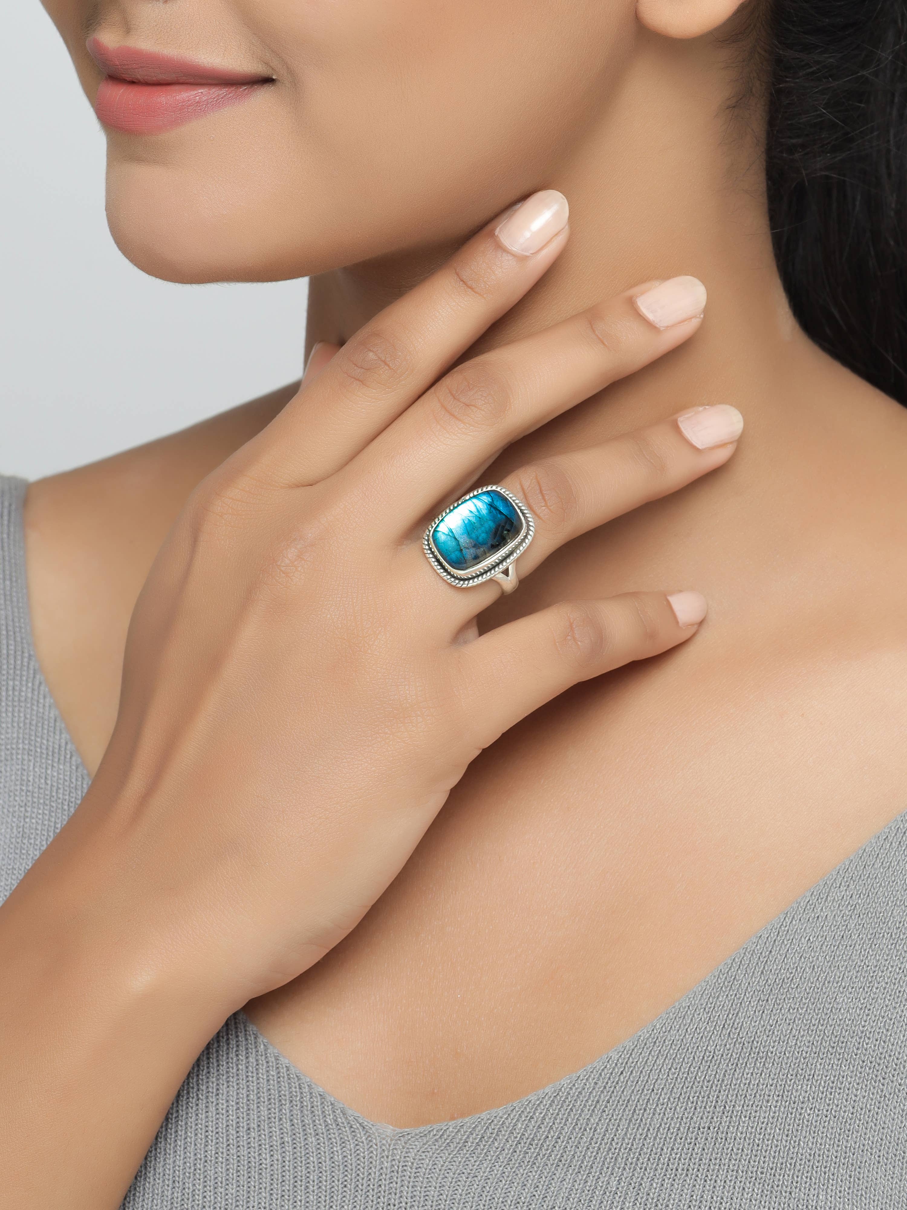 Tiramisu - Vente Bague de cocktail/de cérémonie - Bague à bord de corde en argent sterling 925 labradorite1