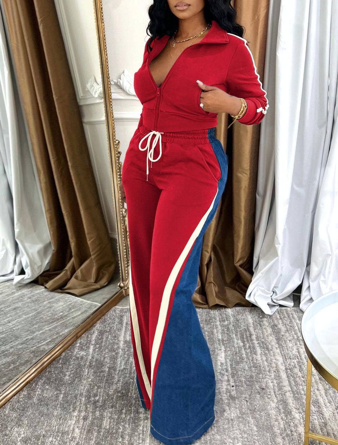 HIDDENBRAND - Wholesale Top & Pant Set (NOT Loungewear) - Women's - Long sleeves zip patchwork crop jacket pants set 2 pcs6