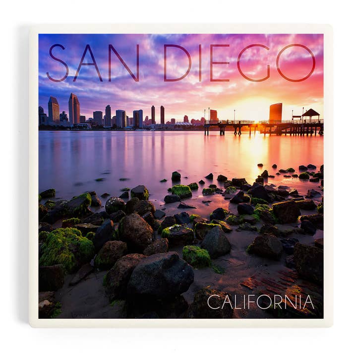 Ceramic Coaster San Diego, California, Ocean and Skyline … for wholesale by Lantern Press