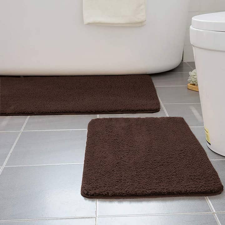 home mart goods - Wholesale Bath Mat Set - Large 2 Piece Brown Microfiber Soft Thick Plush Bath Mat Set