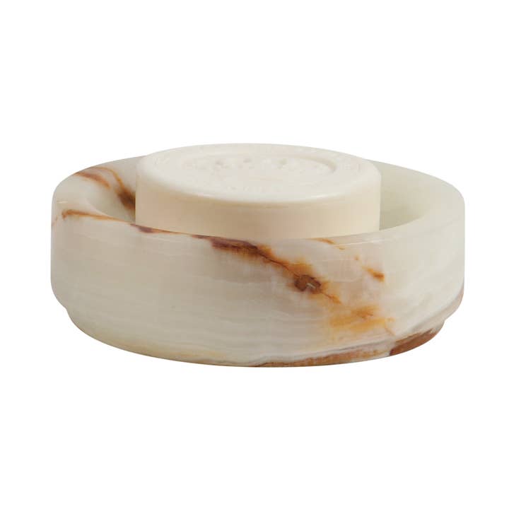 Jabonera redonda con acabado pulido de ónix verde claro de la colección Eris para venta al por mayor de Marble Crafter