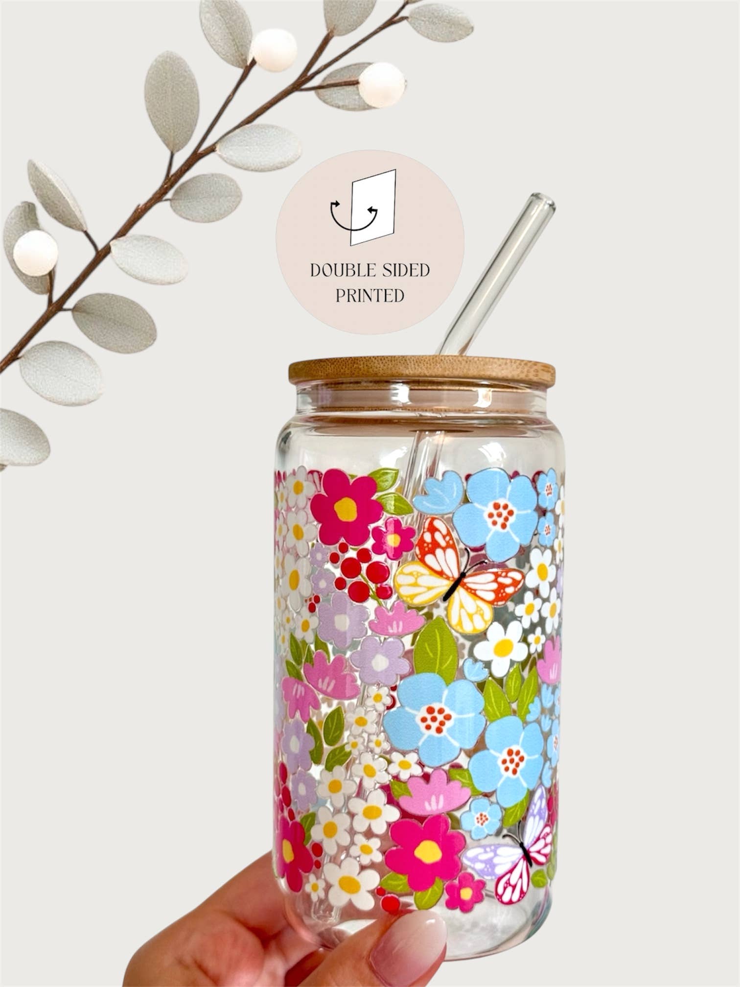 the cute cloud – wholesale Drinking glass/cup – Colorful Garden Glass Tumbler With Bamboo Lid & Glass Straw1