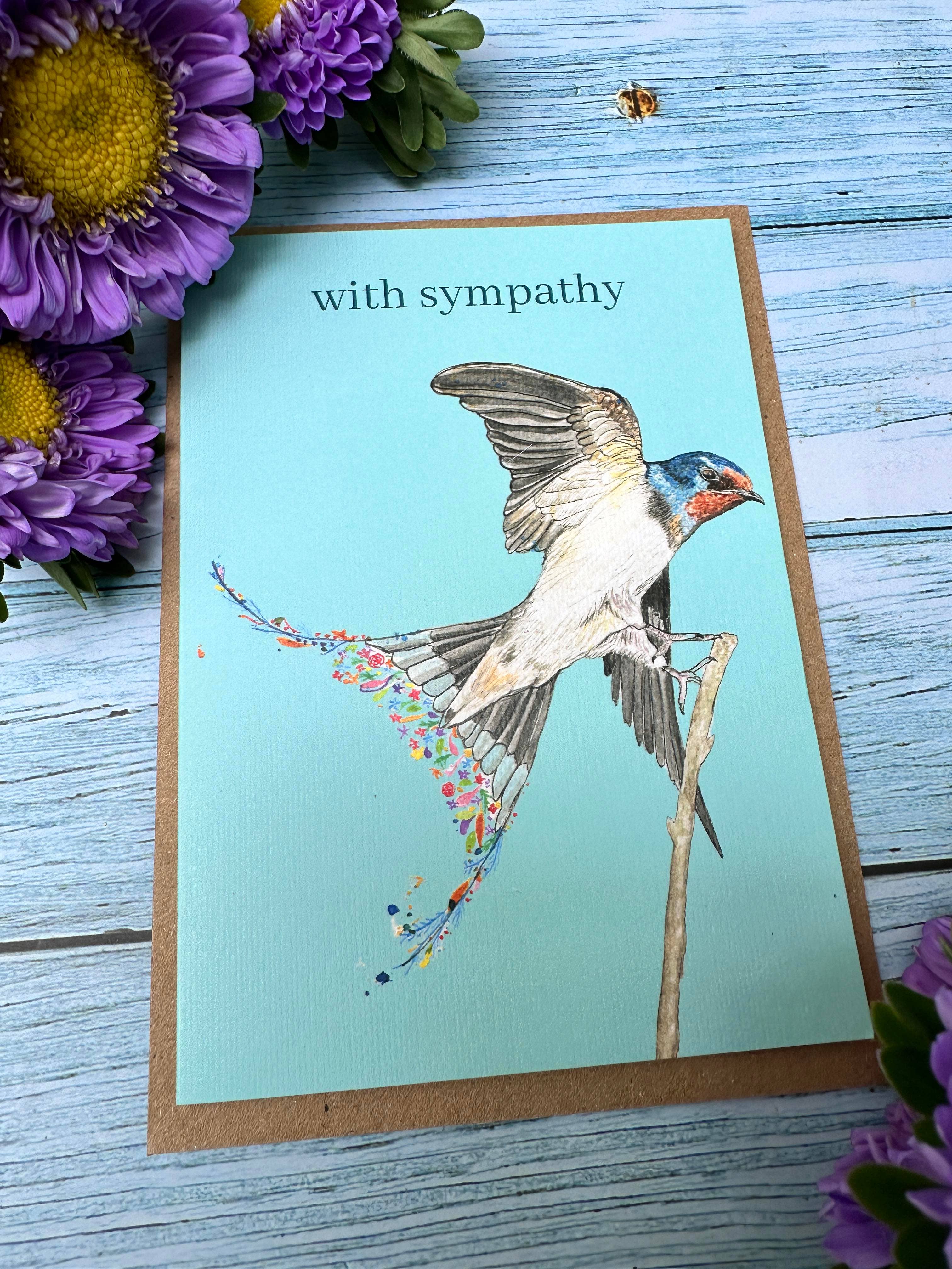 Jen Winnett Eco Artist – wholesale Sympathy card – With Sympathy | Eco Friendly Card Blank | Colourful Swallow3