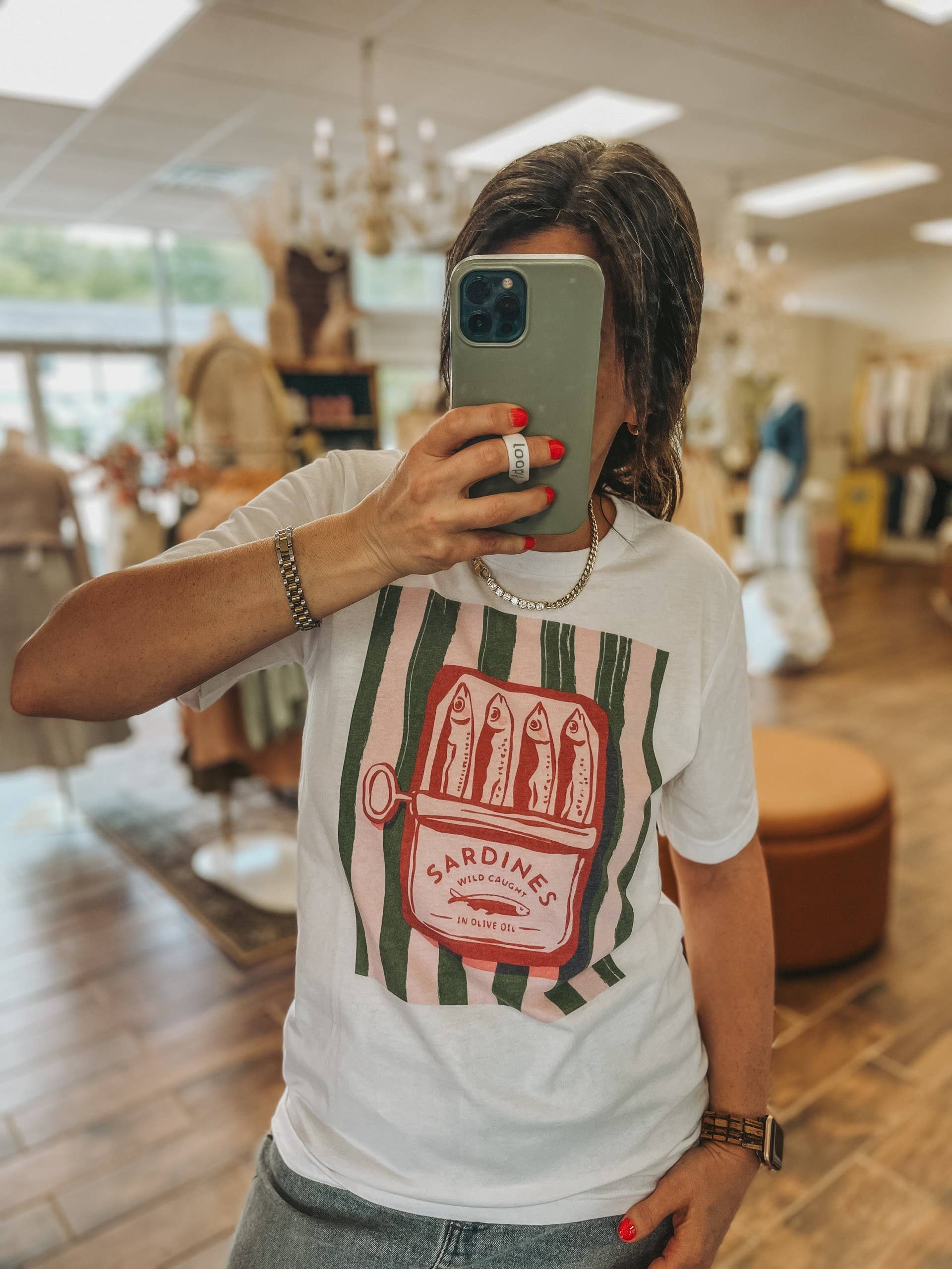 White Stripe Sardines Graphic Tee | Summer Tee   for wholesale on Faire1