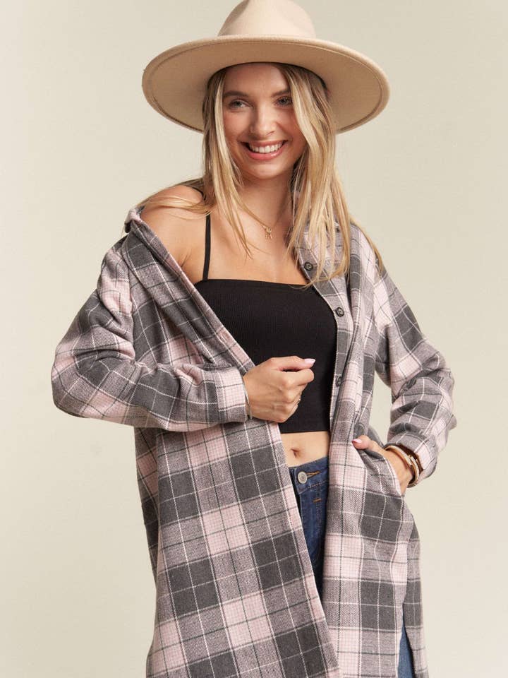 LEJ1987C - BUTTON DOWN PLAID FLANNEL SHACKET for wholesale by Madelyn