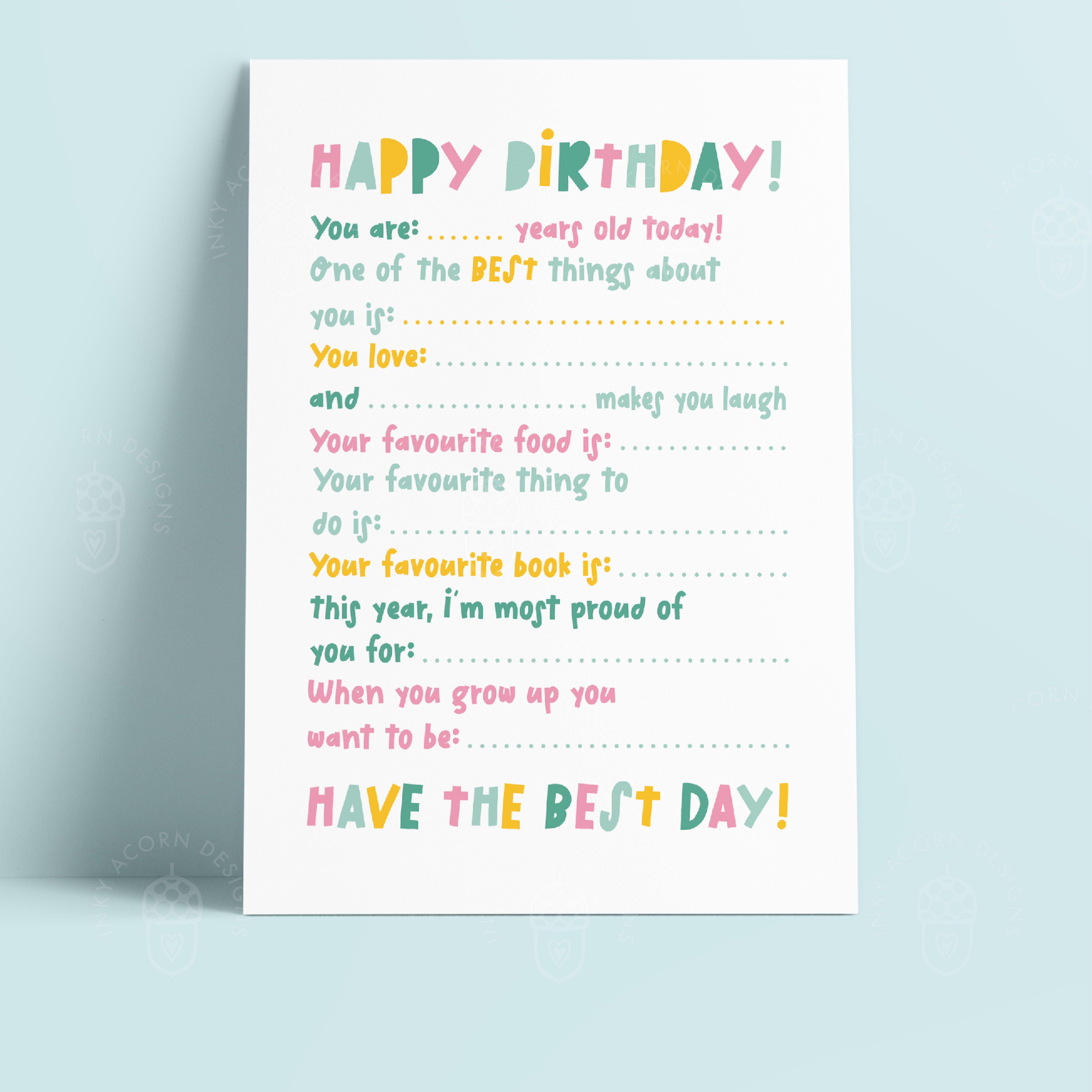 Inky Acorn Designs - Wholesale Birthday Card - Fill in the Blanks Children's Birthday Card1
