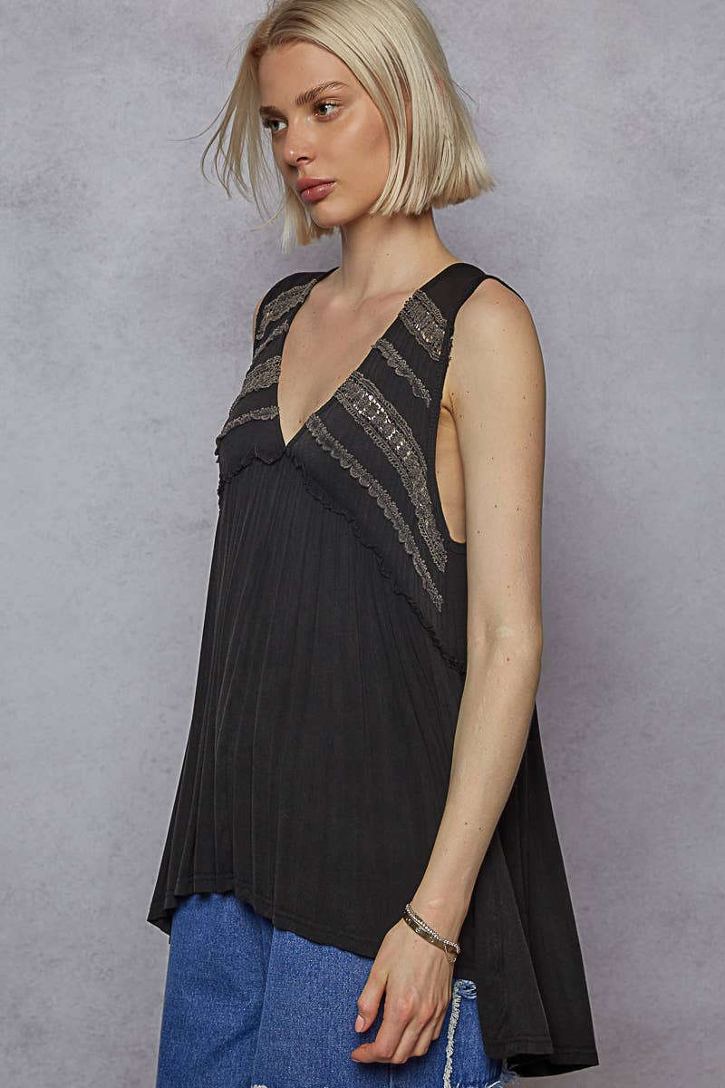 Pol Clothing - Wholesale Knit Top - Women's - Sleeveless Loose Fit V-Neck Babydoll Casual Knit Top SALE17