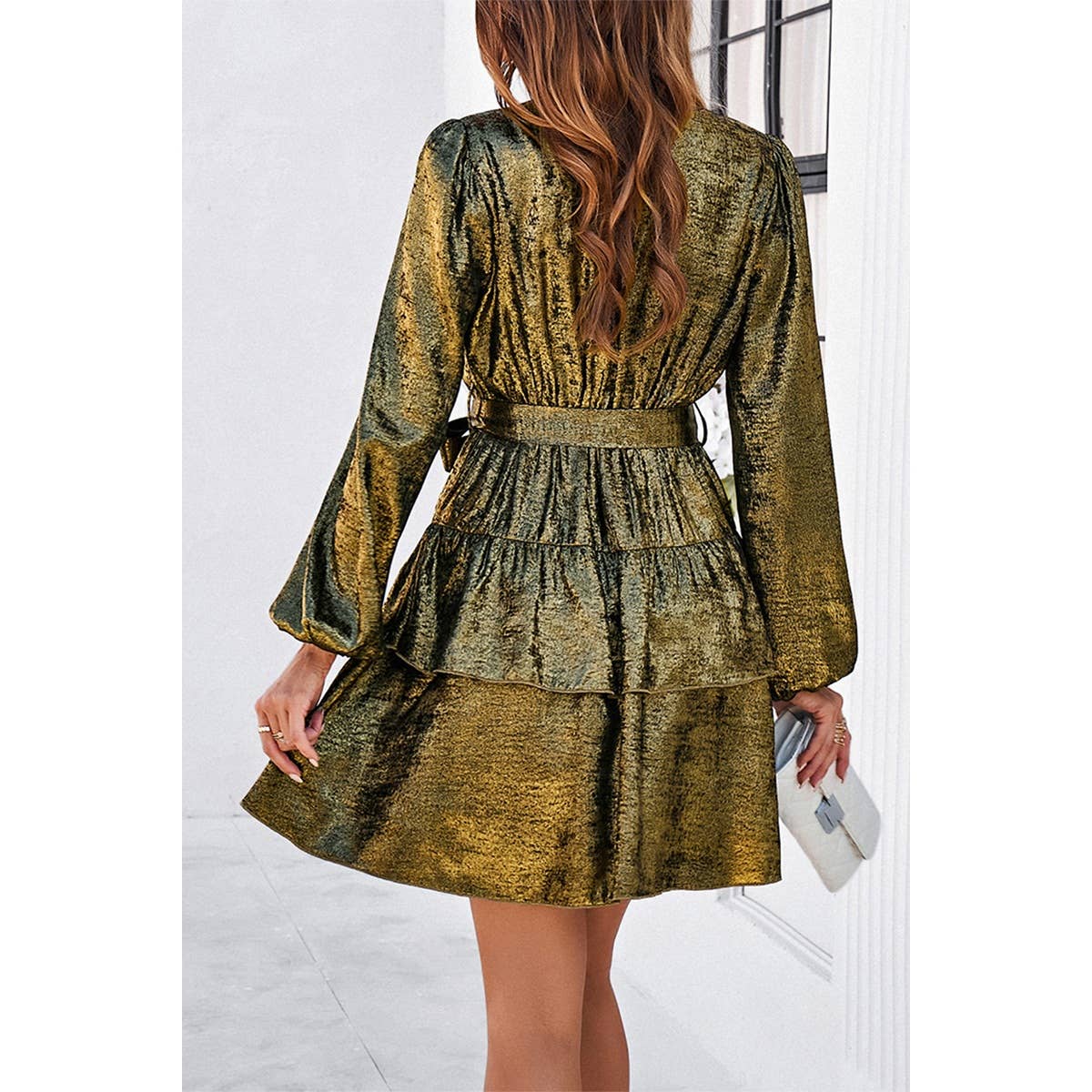 Supreme Fashion - Wholesale Dress - Women's - Deep V Neck Ruffle Cross Knot Belt Fit Midi Dress13