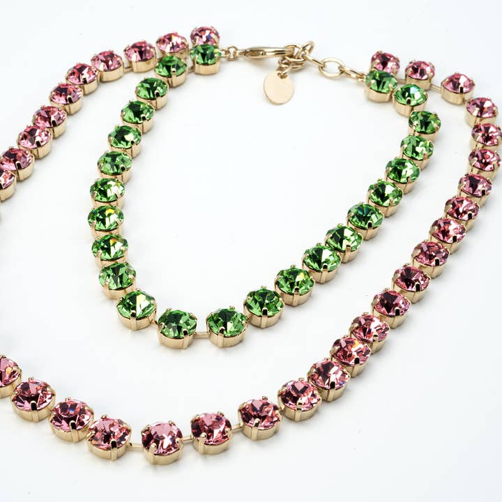 Collier ras de cou rond à deux rangs de pierres vertes et roses pour la vente par HUB161