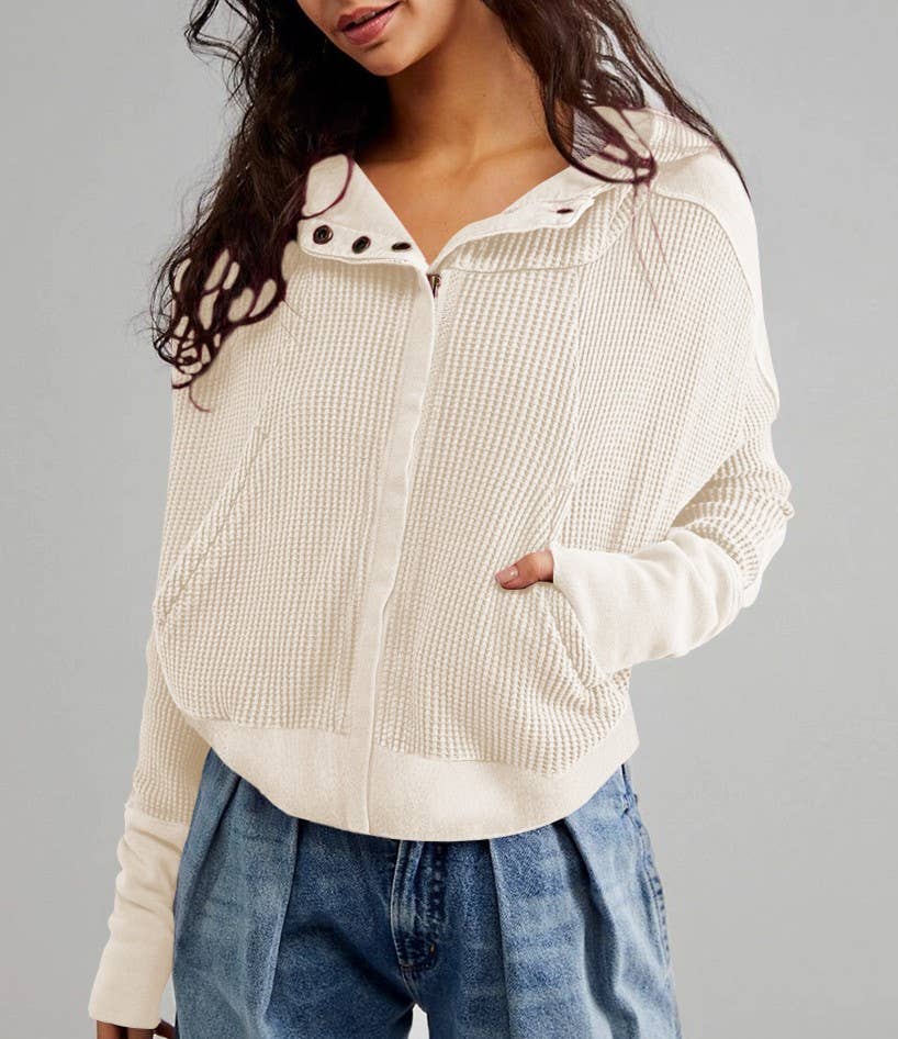 Rosa Clothing - Wholesale Hoodie - Women's - half button zip up waffle crop hoodie sweatshirt jacket10