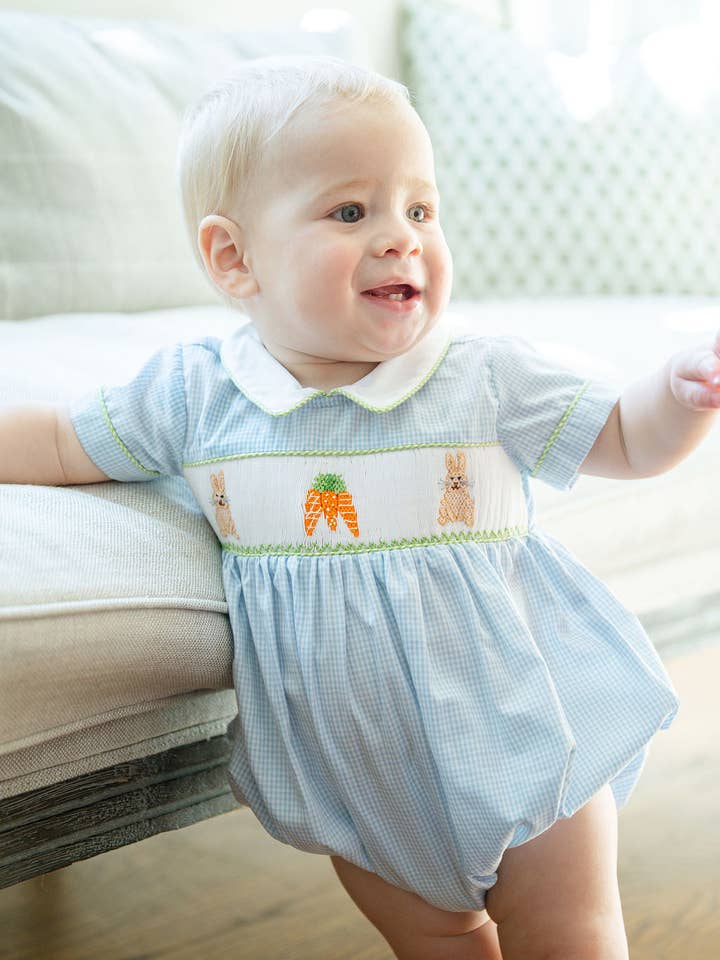 Easter Bunny and Carrots Smocked Henry Bubble for wholesale by Ruth and Ralph