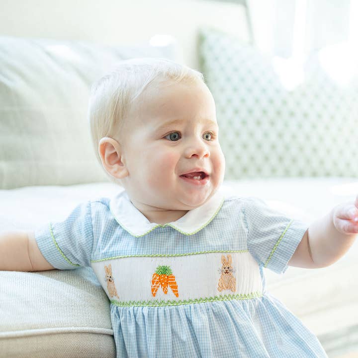 Easter Bunny and Carrots Smocked Henry Bubble for wholesale by Ruth and Ralph