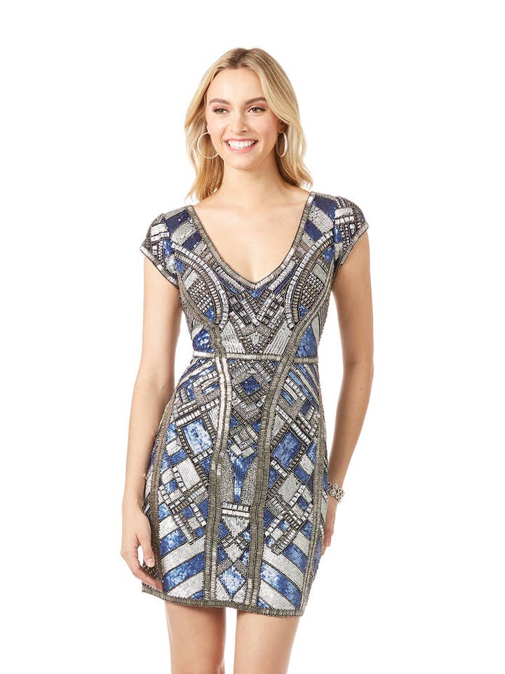 Lara 29909 - Pärlbroderad, V-ringad Miniklänning för wholesale av Lara New York