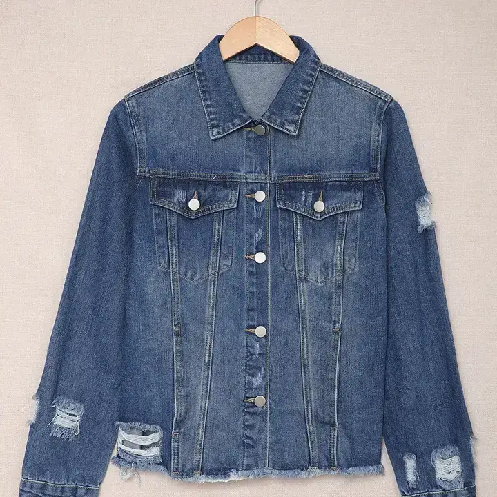 Katinki - Vendita all'ingrosso Giacca di jeans - Donna - Giacca di jeans blu effetto vissuto con orlo grezzo e bottoni0